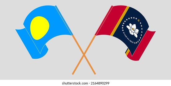 Banderas cruzadas y ondeando banderas de Palau y el estado de Misisipi. Ilustración del vector

