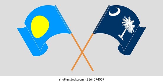 Crossed and waving flags of Palau and The State of South Carolina. Vector illustration

