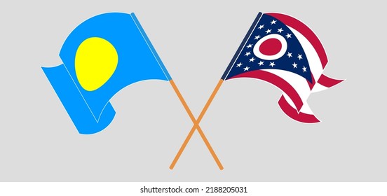 Crossed and waving flags of Palau and the State of Ohio. Vector illustration
