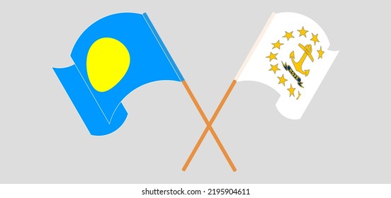 Crossed and waving flags of Palau and the State of Rhode Island. Vector illustration
