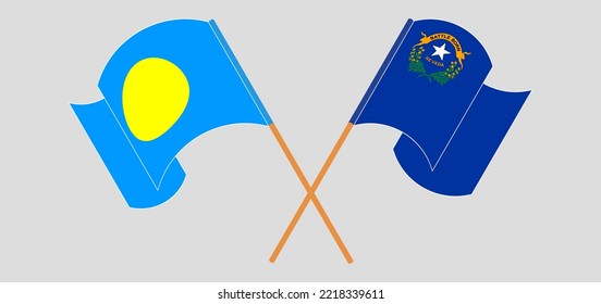 Überquerte und schwellende Flaggen von Palau und dem Staat Nevada. Vektorgrafik
