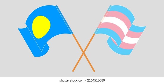 Crossed and waving flags of Palau and Transgender Pride. Vector illustration
