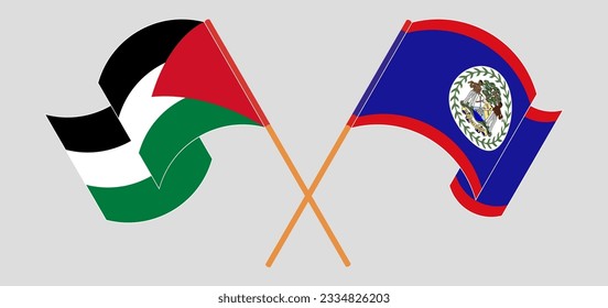 Crossed and waving flags of Palestine and Belize. Vector illustration
