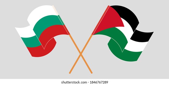 Crossed and waving flags of Palestine and Bulgaria