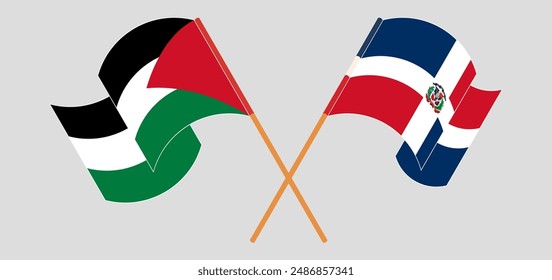 Crossed and waving flags of Palestine and Dominican Republic. Vector illustration
