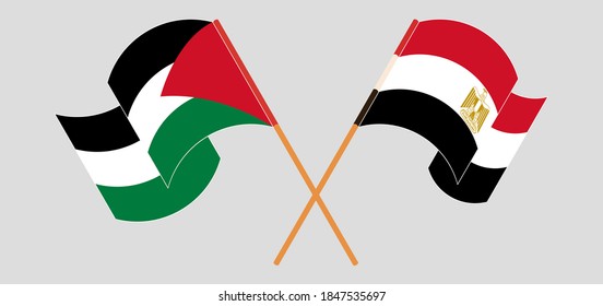 Crossed and waving flags of Palestine and Egypt