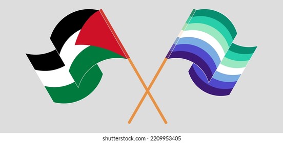 Crossed and waving flags of Palestine and gay men pride. Vector illustration
