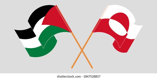 Crossed and waving flags of Palestine and Greenland