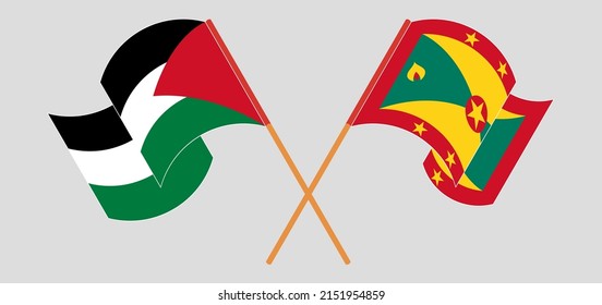 Crossed and waving flags of Palestine and Grenada. Vector illustration
