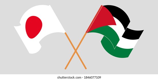 Crossed and waving flags of Palestine and Japan