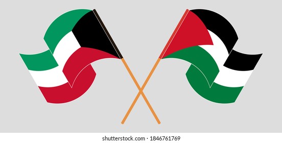 Crossed and waving flags of Palestine and Kuwait