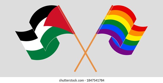 Crossed and waving flags of Palestine and LGBTQ