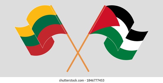 Crossed and waving flags of Palestine and Lithuania