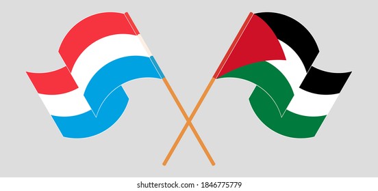 Crossed and waving flags of Palestine and Luxembourg