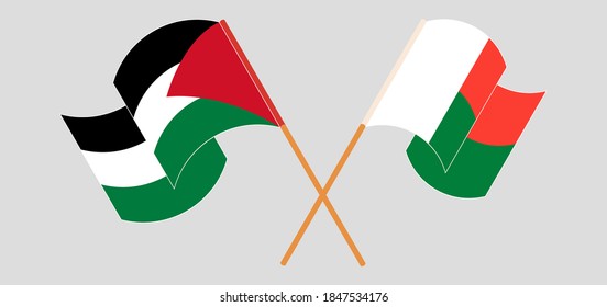 Crossed and waving flags of Palestine and Madagascar