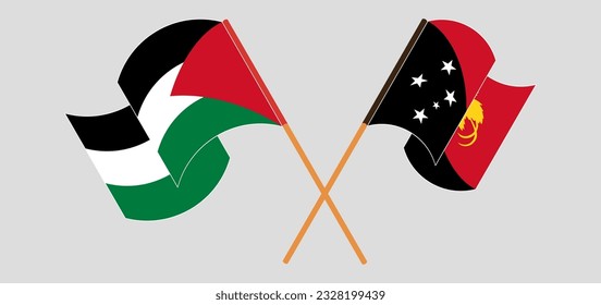 Crossed and waving flags of Palestine and Papua New Guinea. Vector illustration
