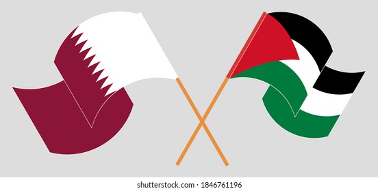 Crossed and waving flags of Palestine and Qatar