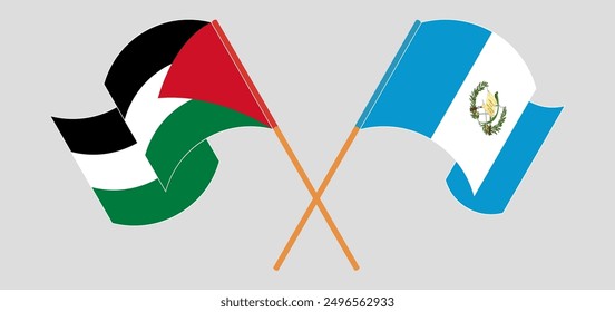 Crossed and waving flags of Palestine and Republic of Guatemala. Vector illustration
