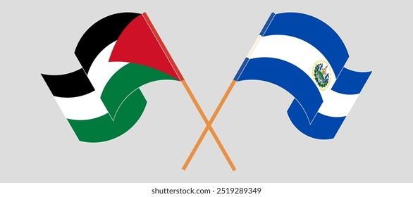 Bandeiras cruzadas e acenando da Palestina e República de El Salvador. Ilustração vetorial.
