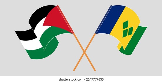 Crossed and waving flags of Palestine and Saint Vincent and the Grenadines. Vector illustration
