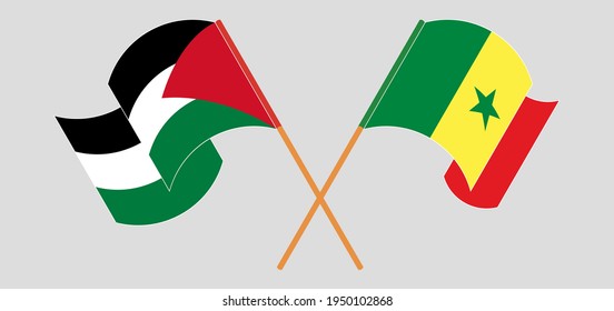 Crossed and waving flags of Palestine and Senegal