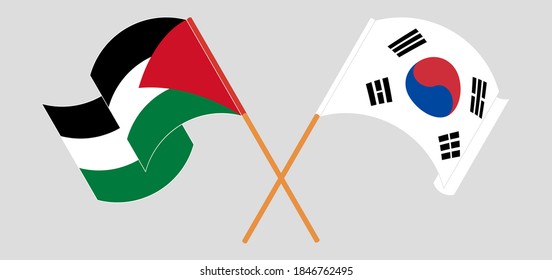 Crossed and waving flags of Palestine and South Korea