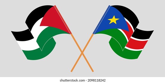 Crossed and waving flags of Palestine and South Sudan. Vector illustration
