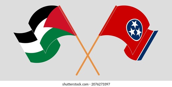 Crossed and waving flags of Palestine and The State of Tennessee. Vector illustration
