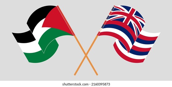 Crossed and waving flags of Palestine and The State Of Hawaii. Vector illustration
