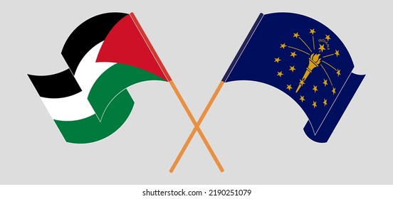 Crossed And Waving Flags Of Palestine And The State Of Indiana. Vector Illustration
