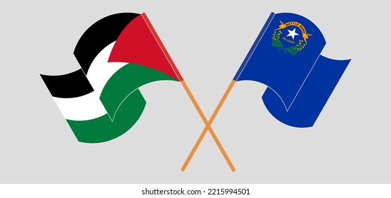 Cruzando y ondeando banderas de Palestina y del Estado de Nevada. Ilustración del vector

