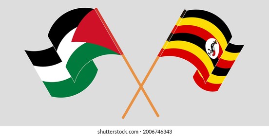 Banderas cruzadas y ondeando banderas de Palestina y Uganda