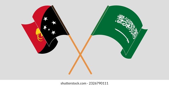 Crossed and waving flags of Papua New Guinea and Saudi Arabia. Vector illustration
