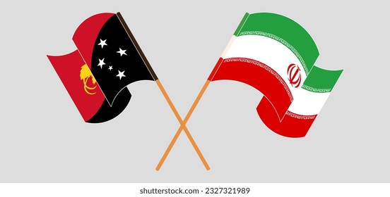 Crossed and waving flags of Papua New Guinea and Iran. Vector illustration
