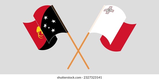 Crossed and waving flags of Papua New Guinea and Malta. Vector illustration
