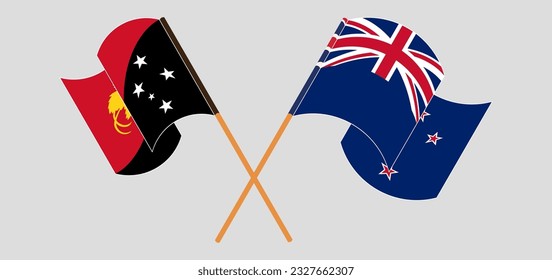 Crossed and waving flags of Papua New Guinea and New Zealand. Vector illustration
