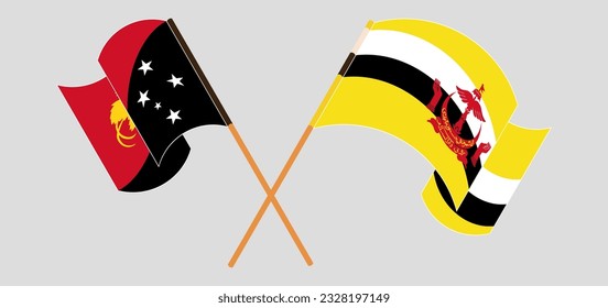 Banderas cruzadas y ondeando banderas de Papúa Nueva Guinea y Brunéi. Ilustración del vector
