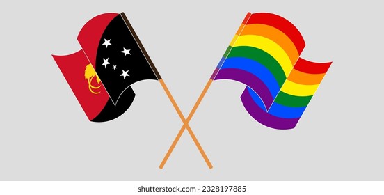 Crossed and waving flags of Papua New Guinea and LGBTQ. Vector illustration
