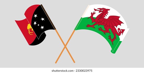 Crossed and waving flags of Papua New Guinea and Wales. Vector illustration
