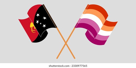 Crossed and waving flags of Papua New Guinea and Lesbian Pride. Vector illustration
