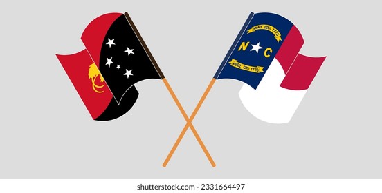 Crossed and waving flags of Papua New Guinea and The State of North Carolina. Vector illustration
