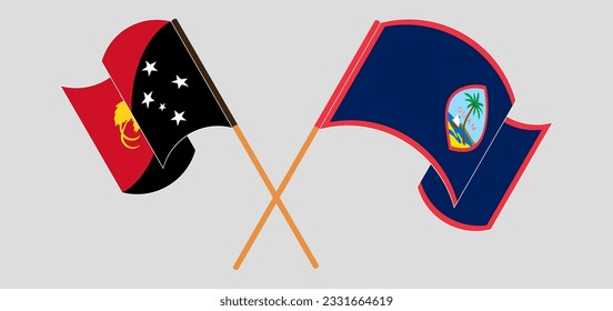 Crossed and waving flags of Papua New Guinea and Guam. Vector illustration

