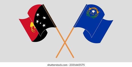 Crossed and waving flags of Papua New Guinea and The State of Nevada. Vector illustration
