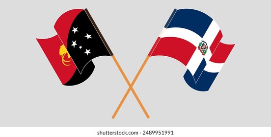 Crossed and waving flags of Papua New Guinea and Dominican Republic. Vector illustration
