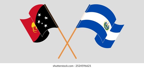 Crossed and waving flags of Papua New Guinea and Republic of El Salvador. Vector illustration.
