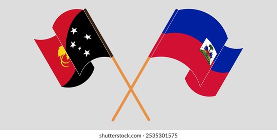 Banderas cruzadas y ondeando de Papúa Nueva Guinea y República de Haití. Ilustración vectorial.
