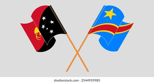 Banderas cruzadas y ondeando de Papúa Nueva Guinea y República Democrática del Congo. Ilustración vectorial.
