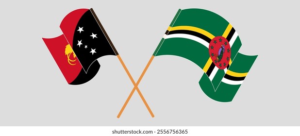 Crossed and waving flags of Papua New Guinea and Dominica. Vector illustration.
