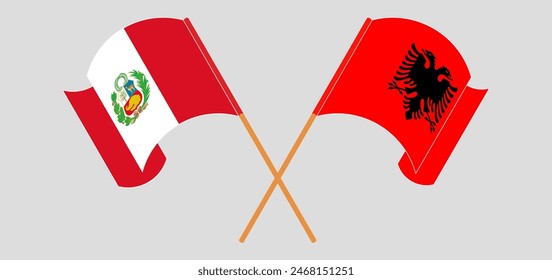 Crossed and waving flags of Peru and Albania. Vector illustration
