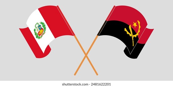 Crossed and waving flags of Peru and Angola. Vector illustration
